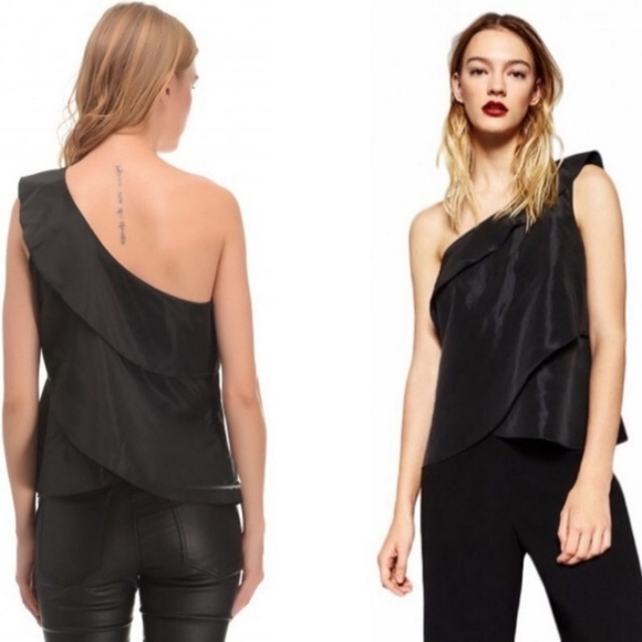 NWOT Zara Black Asymmetric Woven Taffeta Top Size Large - Picture 6 of 6
